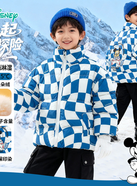 迪士尼宝宝童装男童短款面包羽绒服冬季米奇唐老鸭儿童立领棋盘格