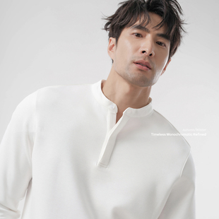 上衣秋季 纯白色亨利领长袖 重磅t恤轻奢抗皱保型长袖 美式 t恤男秋季