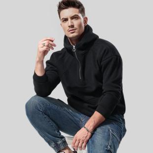 重磅棉卫衣男加绒加厚保暖纯色连帽上衣半拉链棉宽松外套秋冬潮流