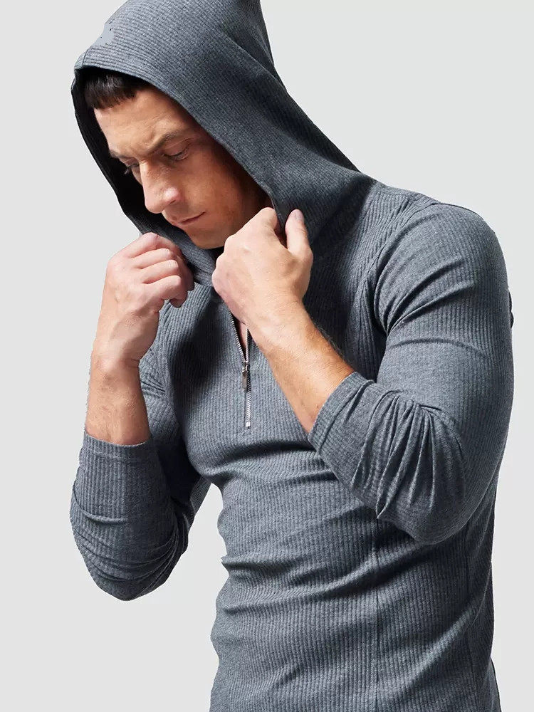 连帽t恤男长袖螺纹棉弹力修身紧身半拉链薄款外穿卫衣春秋季帽衫