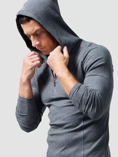 帽衫 连帽t恤男长袖 外穿卫衣春秋季 紧身半拉链薄款 螺纹棉弹力修身