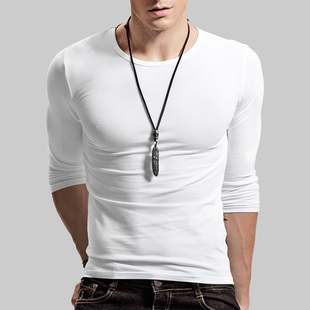 白色体恤纯色上衣服 圆领弹力棉加绒保暖修身 纯白长袖 t恤男打底衫