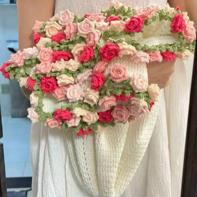 雪妃尔尖角玫瑰花束毯子手工编织diy材料包毛线钩织花朵毛毯礼物