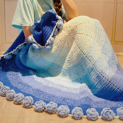 优质升级渐变色玫瑰花束毯子材料包手工diy编织毛线自制毛毯礼物