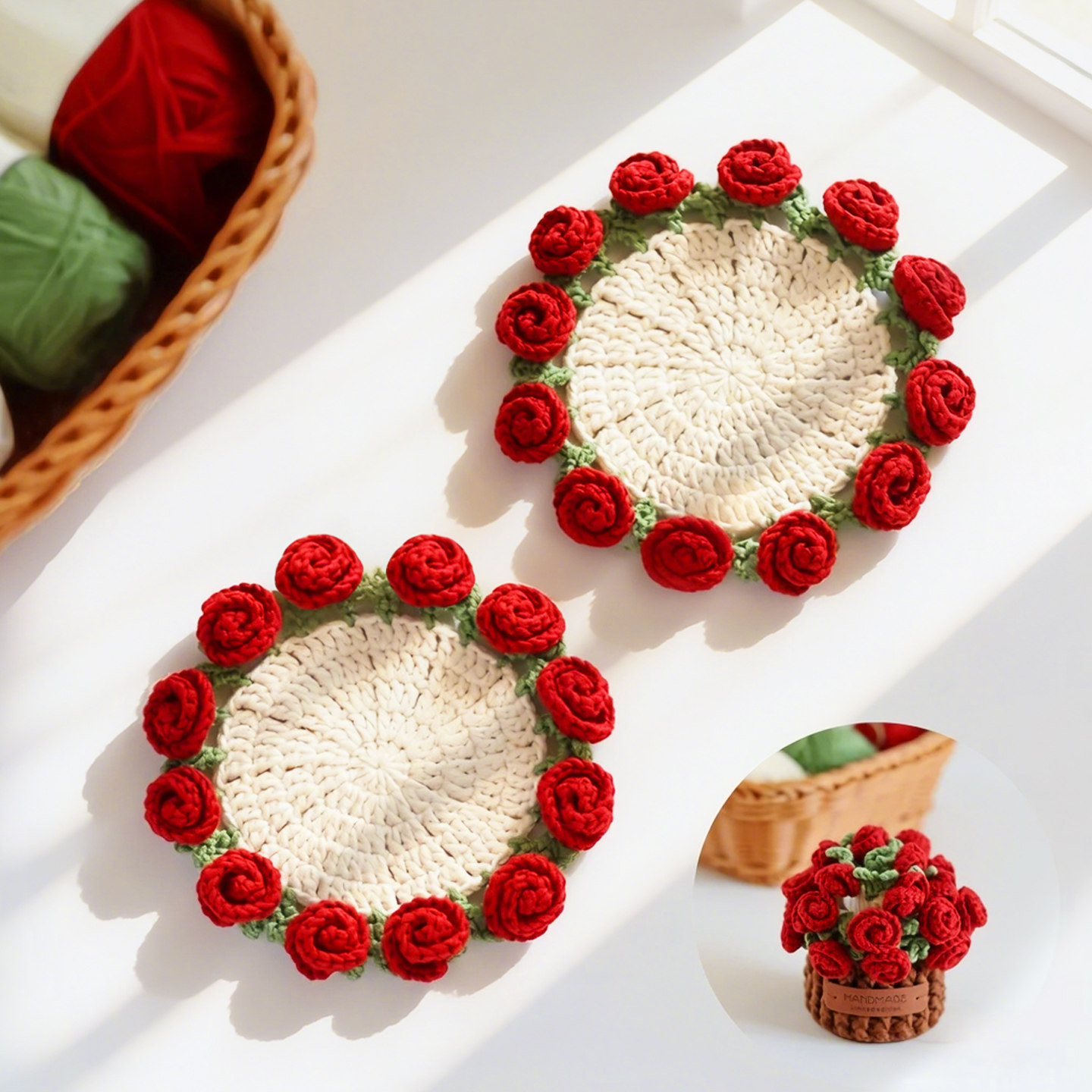 钩针编织材料包全套毛线新手入门简单玫瑰花垫手工diy杯垫隔热垫,服饰配件/皮带/帽子/围巾,DIY编织材料包,淘宝优惠券,粉丝福利购,淘宝优惠卷