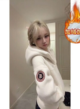 毛茸茸羊羔绒外套女2026爆款春秋美式复古显瘦短款开衫连帽卫衣潮