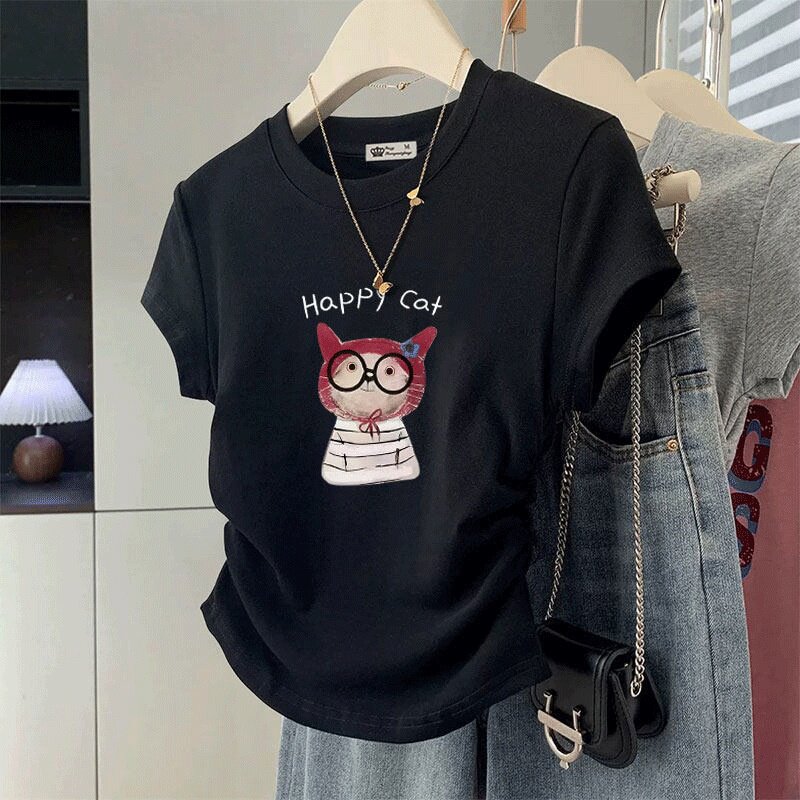 欧美纯色正肩t恤短袖女夏季修身显瘦别致短款卡腰百搭收腰小上衣