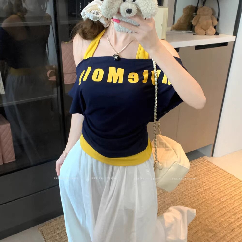 辣妹风复古短袖T恤女装夏季胖MM大码设计感小众体恤露肩显瘦上衣