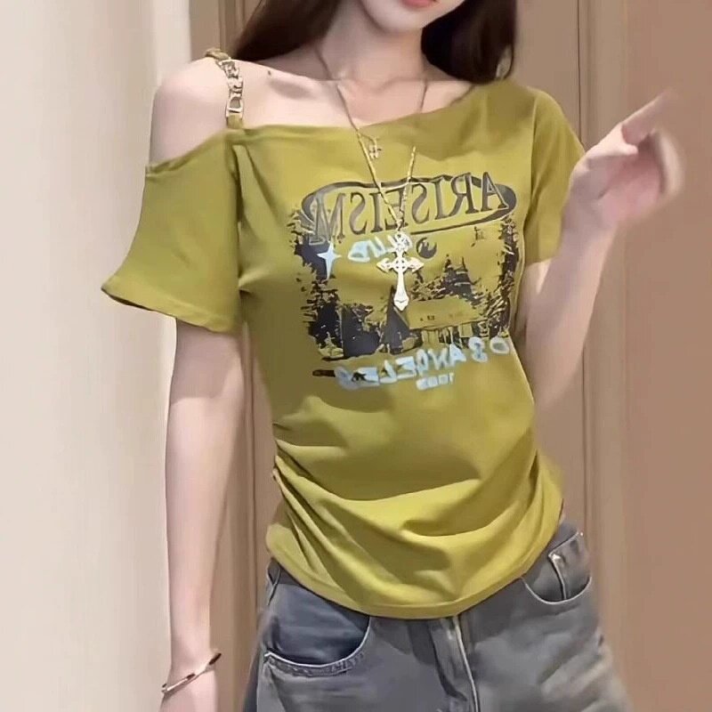 美式辣妹字母印花露肩短袖t恤夏季新款收腰显瘦一字领短款上衣ins