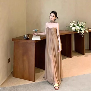 度假风飘带无袖 气质宽松大摆裙子设计感休闲长裙 抹胸连衣裙女夏季