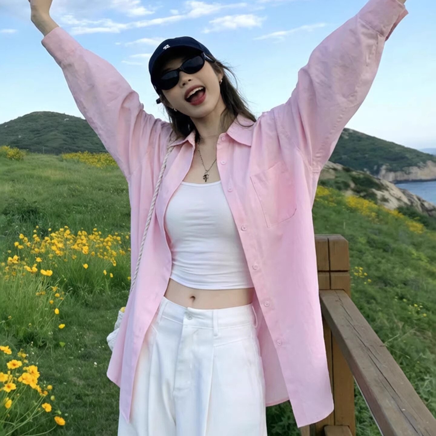 2026新款春夏季粉色薄款上衣女防晒开衫长袖衬衣宽松纯棉衬衫外套