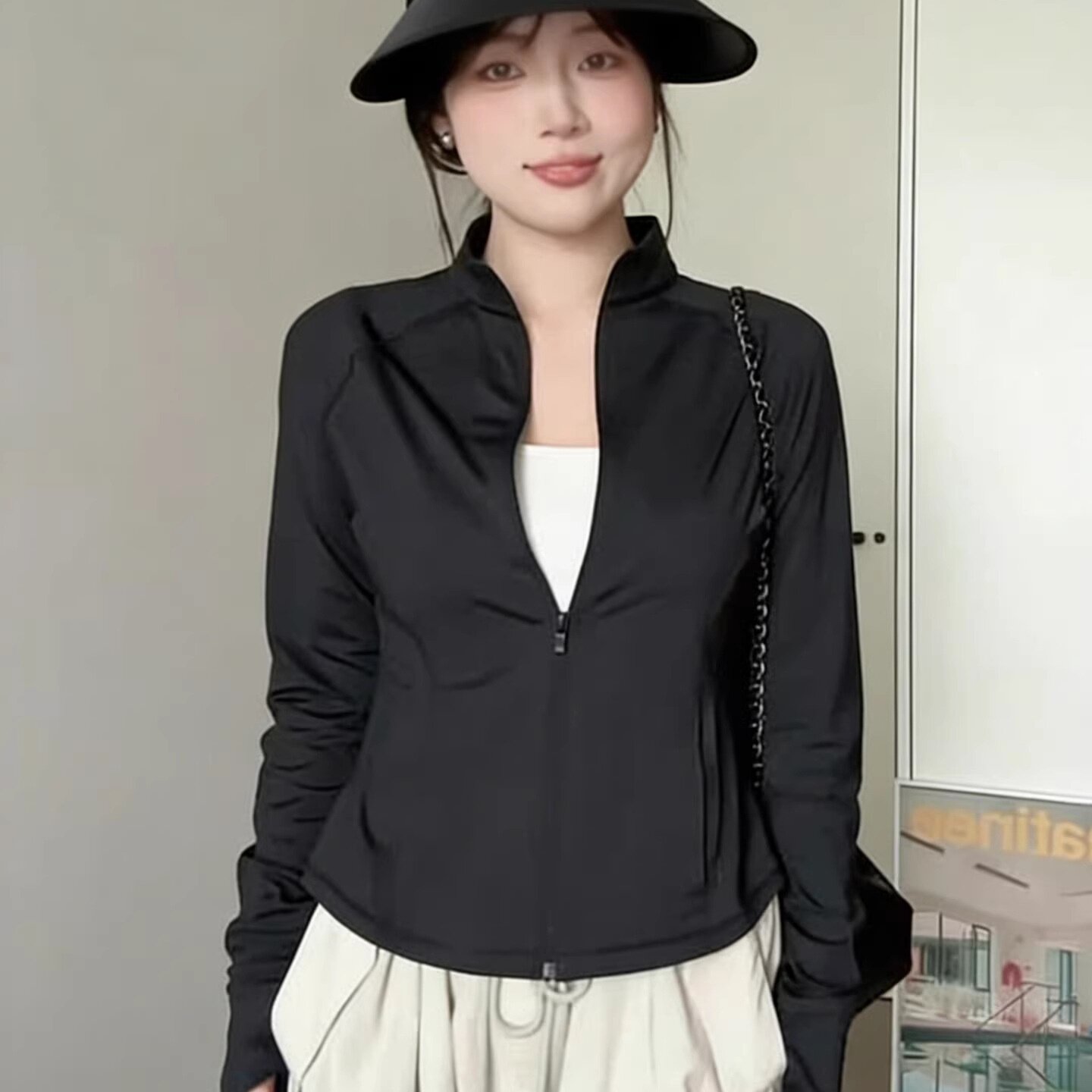 黑色薄款上衣女款夏季冰丝凉感户外运动立领短外套轻薄修身防晒衣