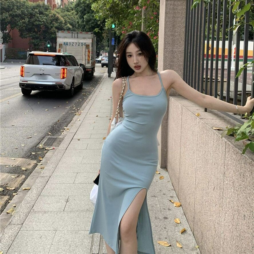 法式复古性感绑带大露背开叉吊带连衣裙女夏季收腰显瘦包臀长裙子