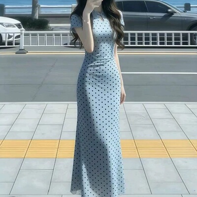 夏季2026新款修身收腰包臀长裙新中式国风旗袍蓝色波点连衣裙子女