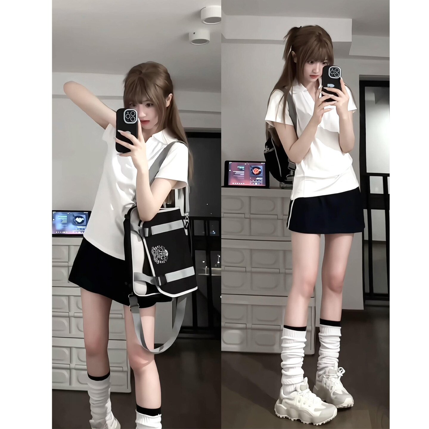 白色正肩巨好看早春上衣女miu系修身收腰运动设计感polo衫短袖t恤