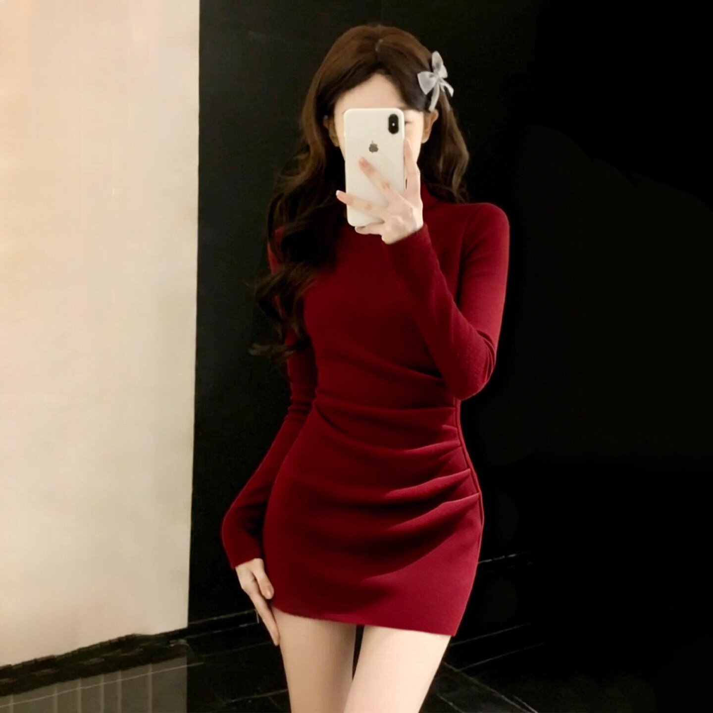 新年战袍红色紧身纯欲短裙子女秋冬季配大衣内搭修身包臀裙连衣裙