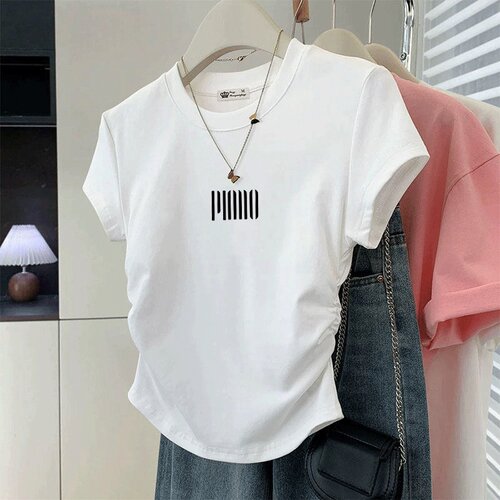 大码美式收腰褶皱正肩短袖t恤女夏季新款微胖mm显瘦遮肉上衣半袖