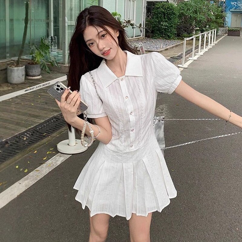 法式初恋感白色泡泡袖衬衫连衣裙子女夏季小个子收腰气质甜美短裙
