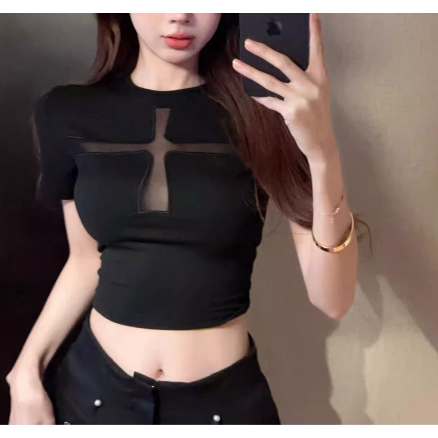 纯棉十字架镂空短袖女辣妹风显瘦上衣夏季黑色圆领正肩短款T恤