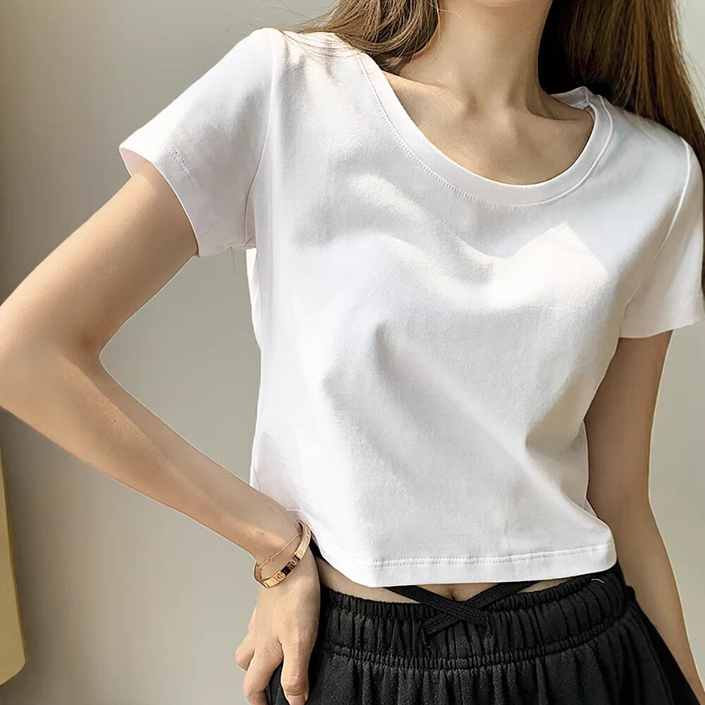 2026夏季新款纯棉短袖T恤女短款白色打底衫小众修身露脐宽松上衣