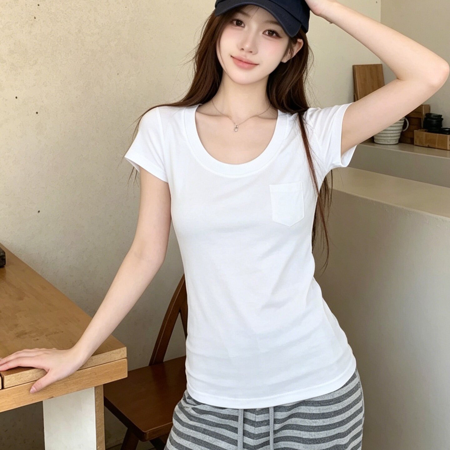 奶芙口袋tee 短袖T恤夏季百搭大圆领修身短袖上衣优雅风白色女装