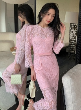 2025轻奢初夏新品女装性感睫毛蕾丝长款连衣裙修身晚礼服粉色白色