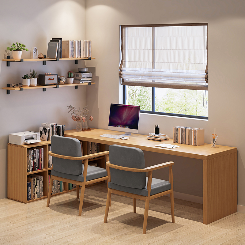 实木双人书柜书桌一体转角定制家用书房l型长办公桌写字大电脑桌