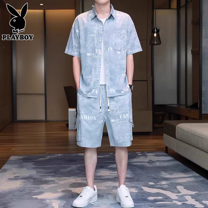 花花公子纯棉休闲运动套装男士夏季牛仔短袖衬衫搭配短裤男装一套