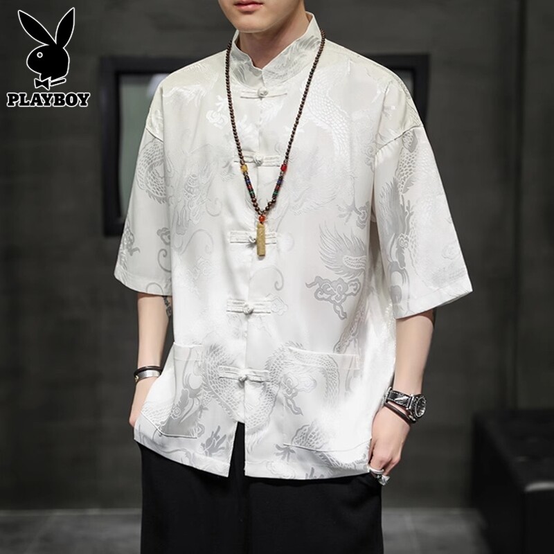 花花公子冰丝短袖衬衫男士中国风唐装上衣夏季薄款休闲汉服衬衣男