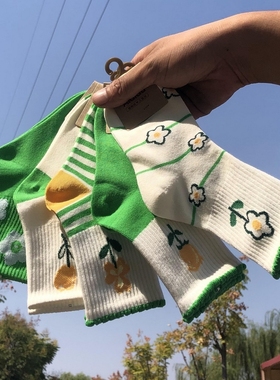 儿童袜子绿色花边系列男女童纯棉袜小中大童宝宝花朵袜学生休闲袜