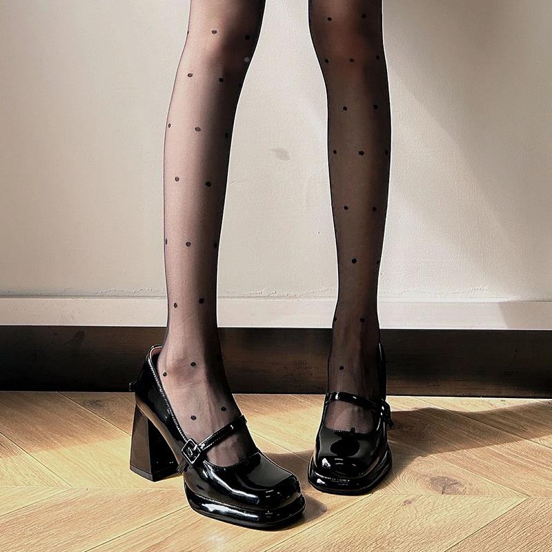 EZH显腿长！2式玛丽皮珍鞋软皮205年新款方头一法字扣带漆粗跟高