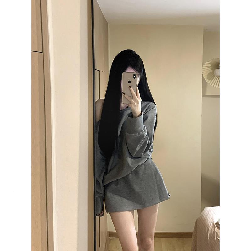卫灰色斜肩长衣短裙套装女宽松显瘦气冬质露肩袖上衣半身裙子2943