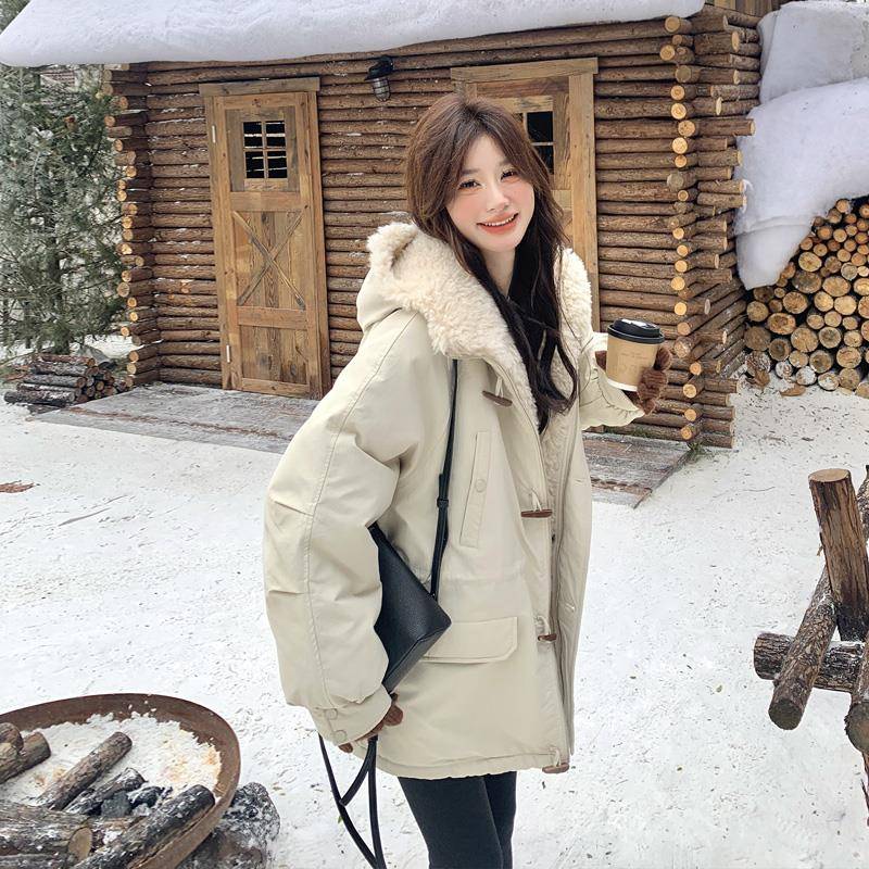 白色派克棉服女2IMW02年冬季新款韩系学院米风连帽保暖加5绒羊羔