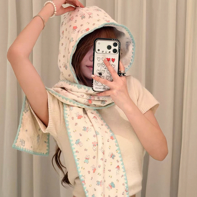 1:1打板定制~现货Minjiena韩国小众品牌双面可爱兔子连帽一体围脖