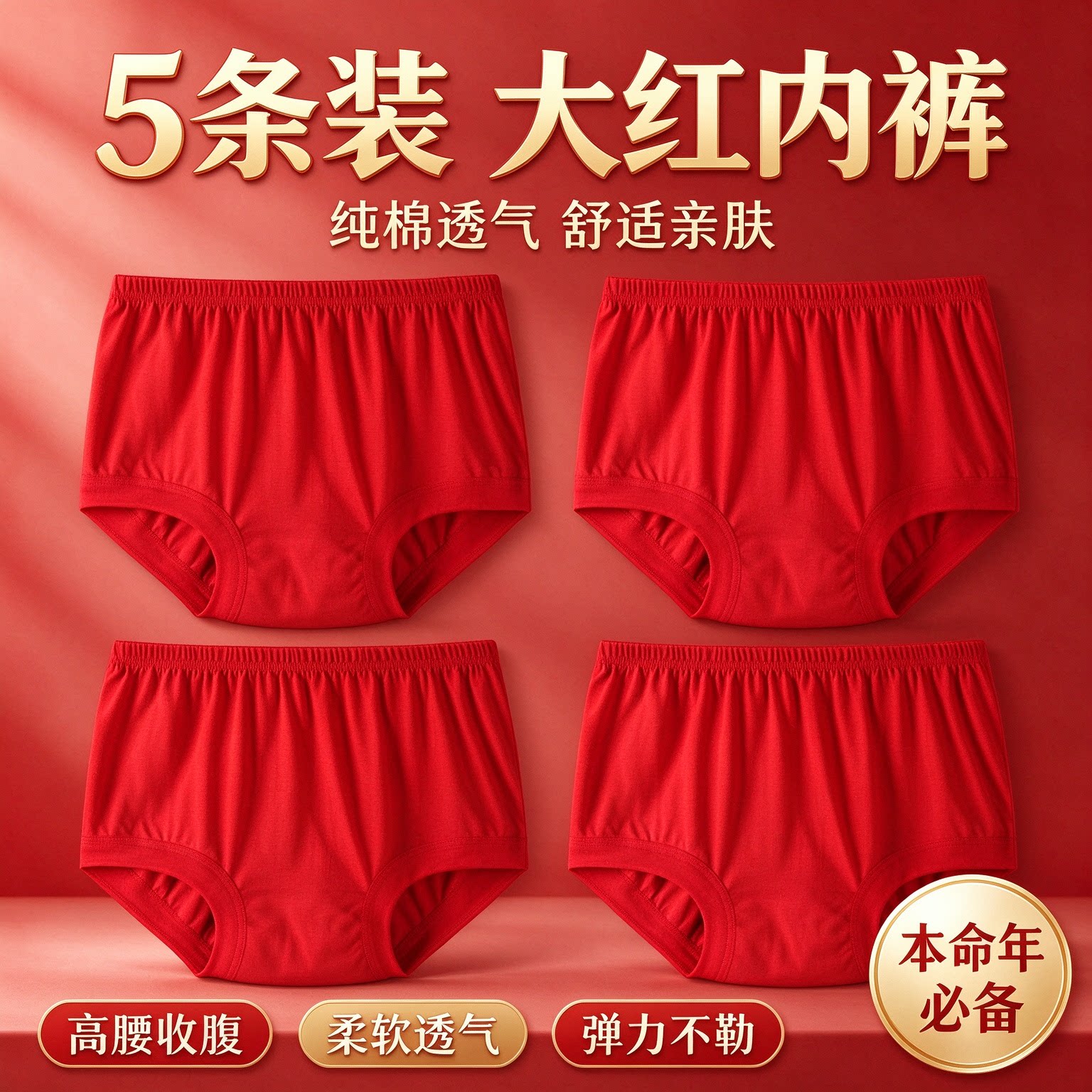 女士内裤本命年红色纯棉透气中老年下装高腰妈妈全棉大码三角短裤