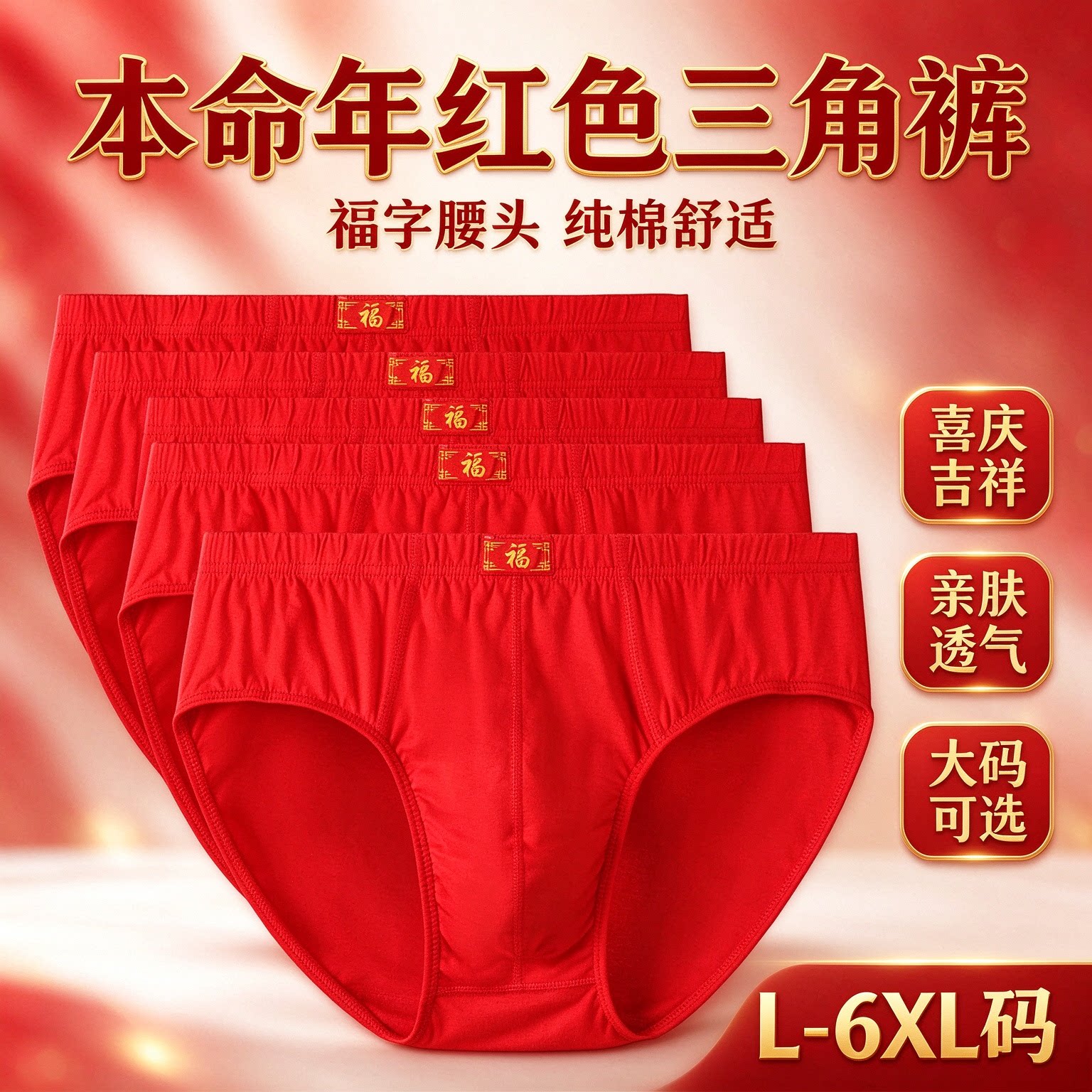 本命年红色男士纯棉大码三角内裤