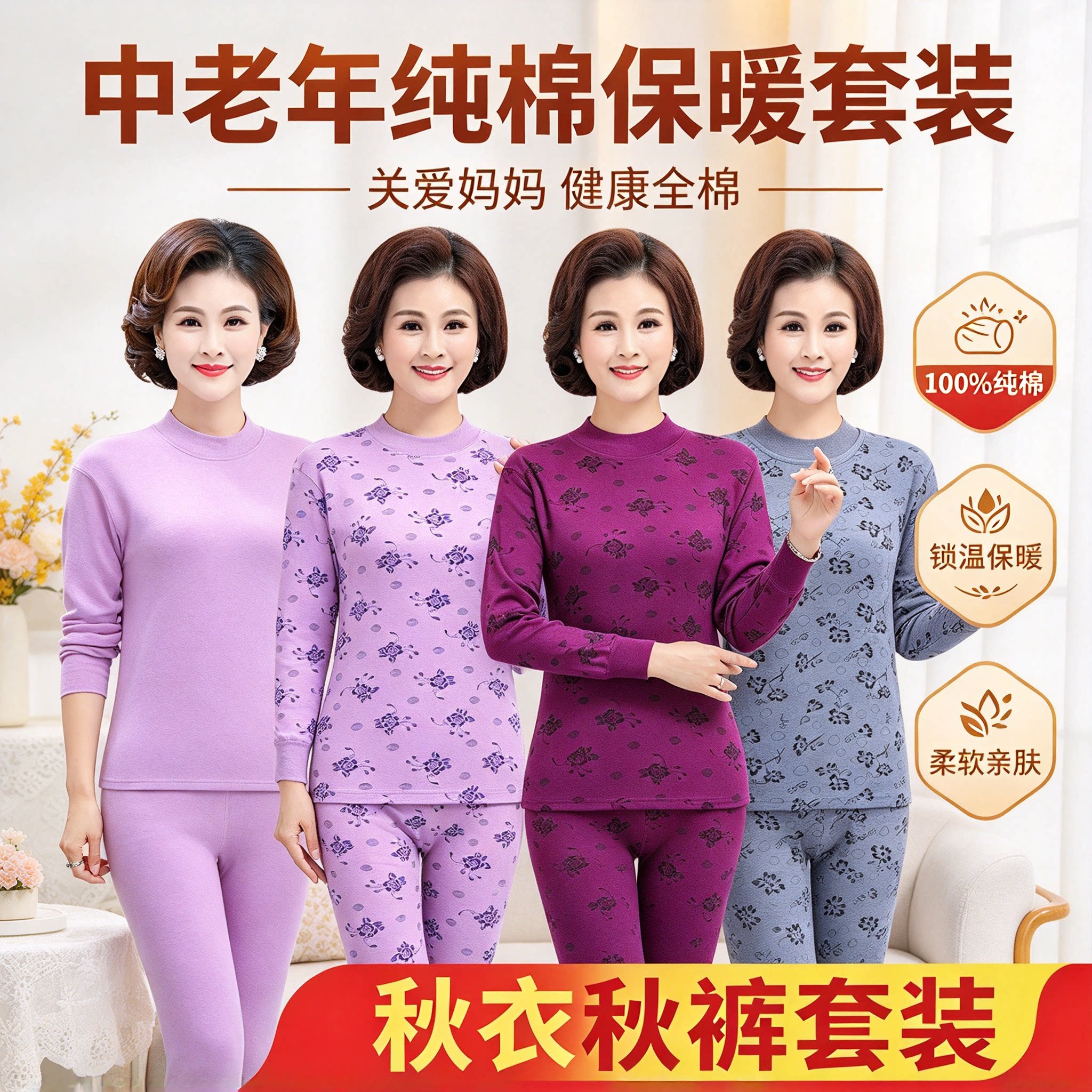 中老年女纯棉秋衣秋裤保暖套装