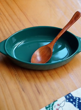 一人食韩式陶瓷釉下彩绿色双耳椭圆小盘芝士焗饭盘烤碗甜品水果盘