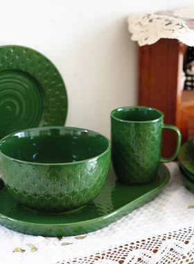 外贸欧式苔绿色陶瓷西餐盘沙拉碗甜品盘复古马克杯浮雕大托盘果盘