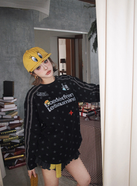 skipsmile秋冬新款洋气时髦字母星星图案印花长袖宽松圆领上衣T恤