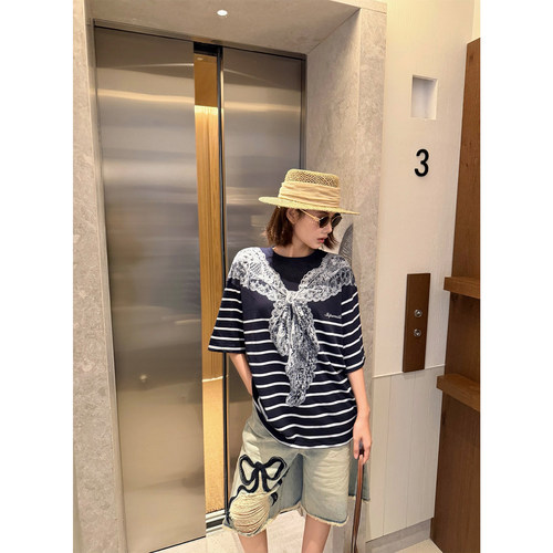 skipsmile春夏新款 海军风蕾丝披肩印花条纹短袖T恤