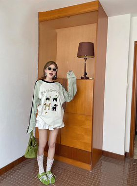 skipsmile秋冬新款趣味可爱撞色插肩袖狗狗图案宽松长袖上衣T恤女