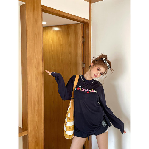 skipsmile秋季新款 彩色字母刺绣千禧辣妹风长袖T恤女