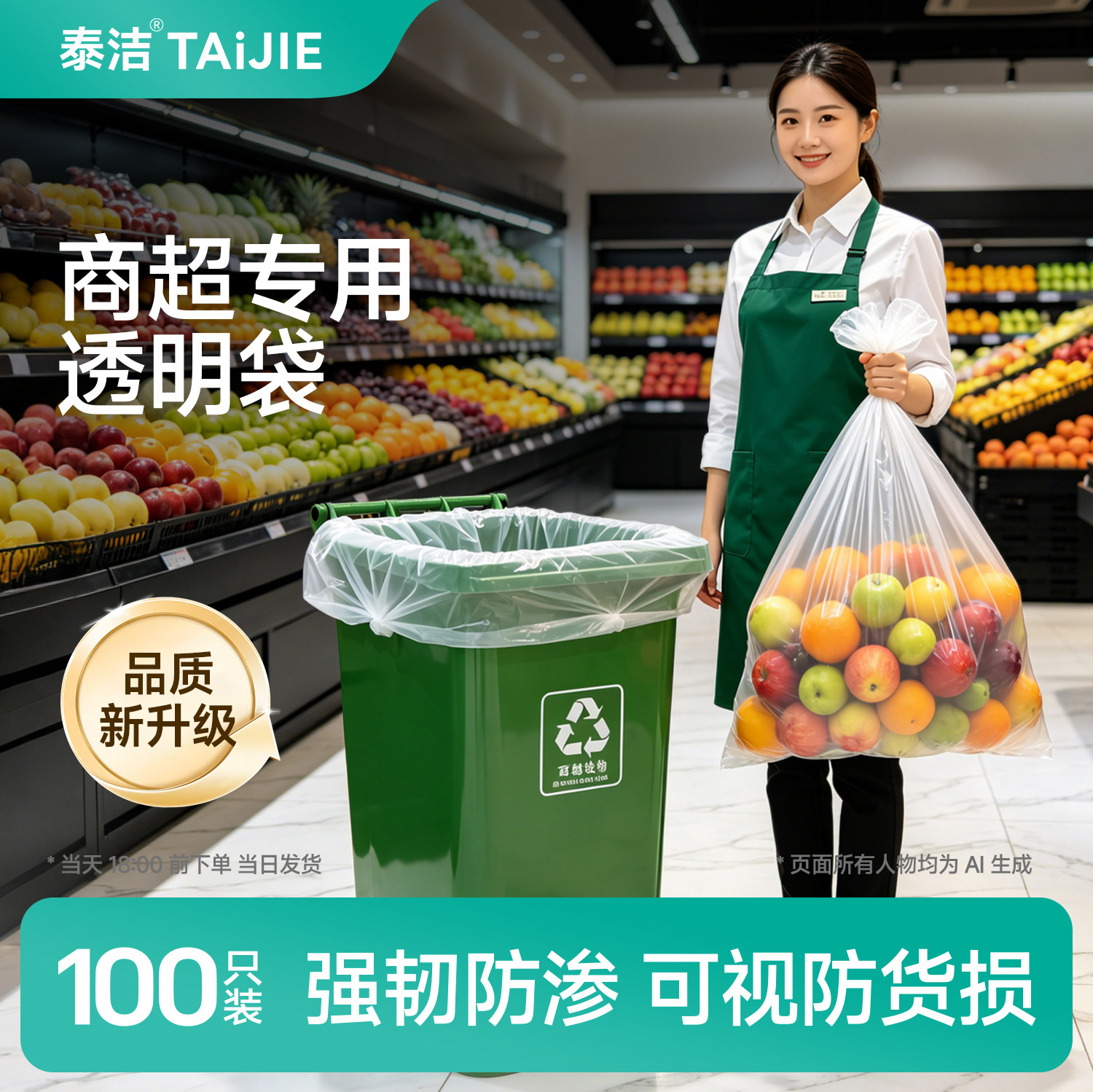 泰洁商超专用垃圾袋大号加厚透明袋超大号商场超市防漏平口袋商用
