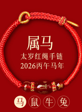普陀山2026马年红绳手链女红色编织绳生肖马属马太岁手绳男护身符