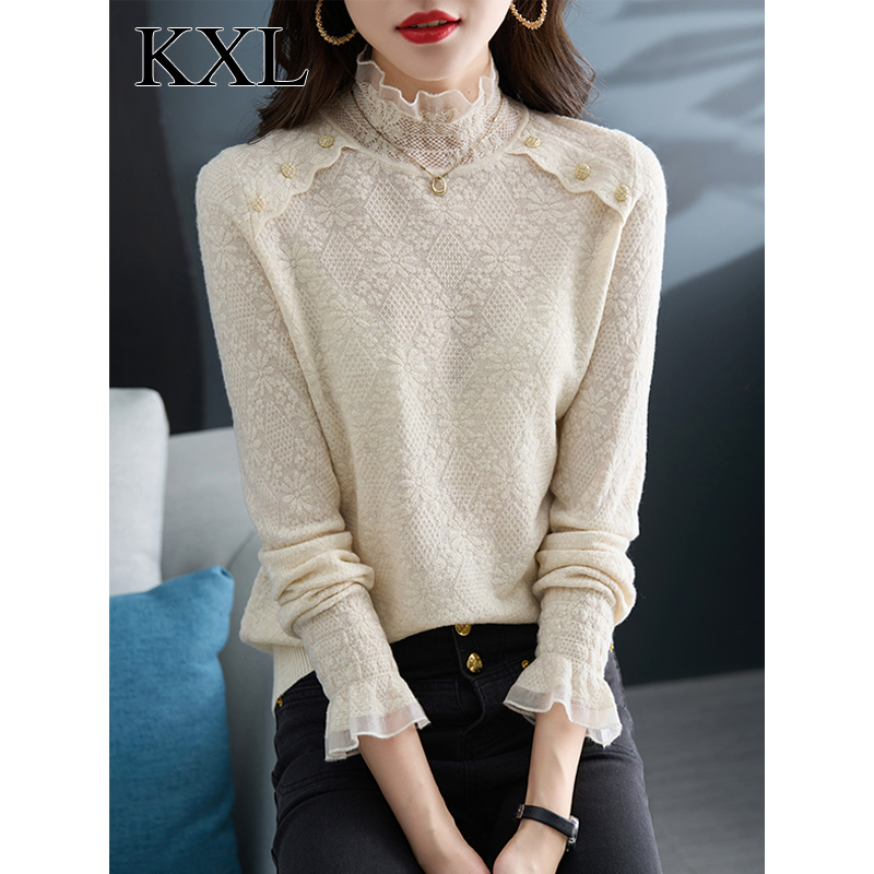2025新款秋冬高级感超好看毛衣女时尚洋气宽松蕾丝边半高领打底衫