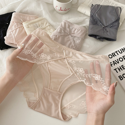 性感缎面蕾丝内裤女中腰无痕透气