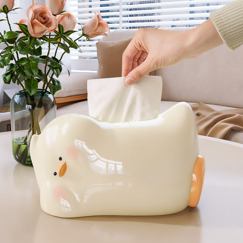 奶油风躺平鸭纸巾盒高级感客厅餐巾纸收纳盒创意书桌面陶瓷卫生纸