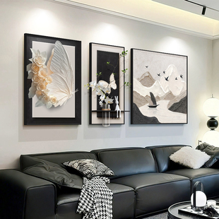 现代简约客厅装饰画高级感沙发背景墙挂画蝴蝶绿植水培组合壁画