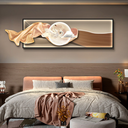 主卧床头挂画现光灯画客厅轻奢天鹅高级感卧室背景墙装饰壁画